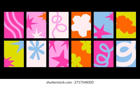 Conjunto de pósters Abstractas con Formas de doodle juguetones y composiciones ingenuas. Diseño gráfico moderno para carteles, impresiones y fondos