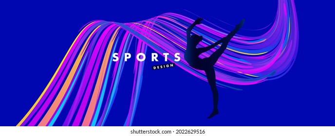 Abstraktes Poster mit Silhouette von Eislaufmädchen oder Gymnastikathlet, dynamische gestreifte Welle auf dem Hintergrund, blaue Farbe