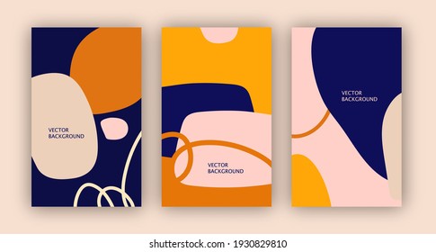 Abstract poster for social media. Background template with navy blue, ochre, yellow abstract shapes. Trendy wallpaper set for stories