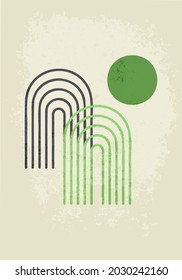 Abstract poster in the style of minimalism, made of geometric shapes. Grunge texture. Gray-green tones.