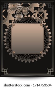Abstract poster template with brass, copper gears wheels on dark, black background, vector illustration. Technical banner design. vector illustration.5