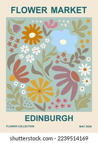 Abstract poster template - Flower market Edinburgh. Trendy botanical wall art with floral design in danish pastel colors. Modern naive groovy funky interior decoration, painting. Vector illustration