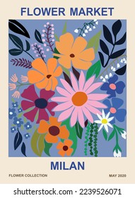 Abstract poster template - Flower market Milan. Trendy botanical wall art with floral design in danish pastel colors. Modern naive groovy funky interior decoration, painting. Vector illustration