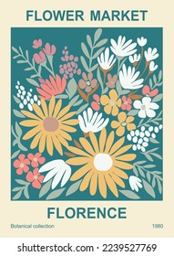 Abstract poster template - Flower market Florence. Trendy botanical wall art with floral design in danish pastel colors. Modern naive groovy funky interior decoration, painting. Vector illustration