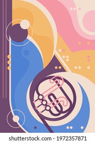 Abstract poster template with french horn. Flyer design for concert of classical music.