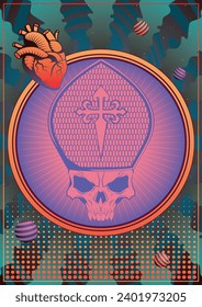 Abstract Poster Template, Skull in Pope's Hat, Psychedelic Colors and Abstract Shapes Background 