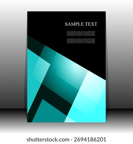 Abstract Poster Template – Teal and Black Geometric Overlay with Sample Text on Gradient Background. A sleek and modern poster or flyer template featuring overlapping translucent rectangles in shades of teal, cyan, and black. The top portion includes a black area with white “SAMPLE TEXT” and placeholder content, while the background transitions from dark gray to light gray, adding depth and contrast. This abstract layout is ideal for business presentations, promotional materials, tech branding, creative portfolios, or editorial design. The composition offers flexibility for both print and digital use.