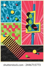 Abstrakte Poster-Vorlage. Ampeln, Treppen, geometrische Formen, 1980er Farben Hintergrund 