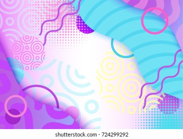 Abstract poster in trendy 80s-90s style with patterns, frames and geometric shapes, colorful background with text place, vector illustration