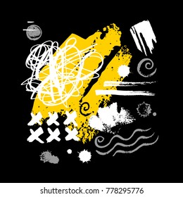 Abstract poster trendy art design. Yellow black white grunge, ink, paint, brush, strokes, painting. Style, beautiful, decoration. Hand drawn vector illustration.