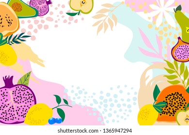 Abstract poster with tropical fruits,shapes and leaves. Editable vector illustration