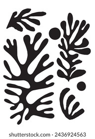 Abstraktes Poster mit tropischem Blatt. Moderner trendiger Matisse minimalistischer Stil. Zeitgenössisches Plakatset. Organische Form, handgezeichnete Wanddekoration. Vektorgrafik	