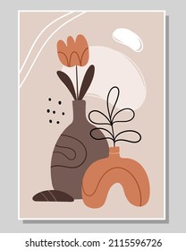Abstract poster with unusual vases and a flower. Scandinavian style.