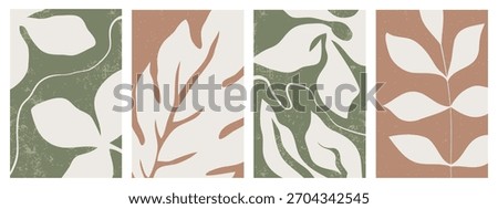 Abstract poster vector set. Waves, leaves, flowers, organic shapes, classic colors, oil paint. Illustration designs for eco-friendly packaging, interiors, covers, wall art, wallpapers, and marketplace