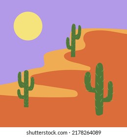 Abstract poster in western style. Vector flat illustration of wild west landscape with desert, mountains, cactus and sun. Contemporary art print template