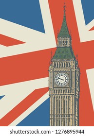 Abstract poster wit United kingdom flag and Big Ben - famous London Landmark, vector illustration