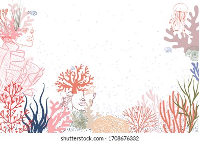 Abstract Poster With Woman Face Portrait, Underwater World, Seaweed And Marine Animals, Plants In One Line Style. Background For Social Media Minimalistic Style. Vector Illustration.