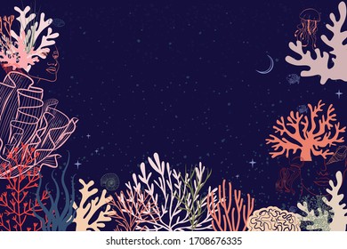 Abstract poster with woman face portrait, underwater world, seaweed and marine animals, plants in one line style. Background for social media minimalistic style. Vector illustration.