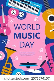 Abstract poster for World music Day  with musical instruments.. Vector modern backgrounds. Poster for a summer live music .  Template design. Drawing for event background and card.