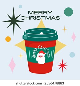 Abstract posters for advertising of winter coffee drink. Merry Christmas coffee cups. Paper cup Christmas design for coffee to go. Cartoon flat vector illustration