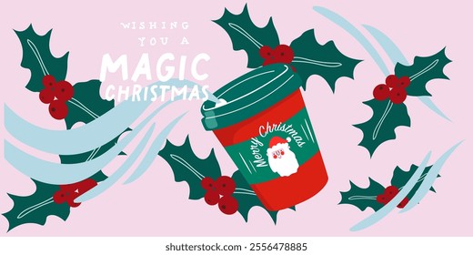 Abstract posters for advertising of winter coffee drink. Merry Christmas coffee cups. Paper cup Christmas design for coffee to go. Cartoon flat vector illustration