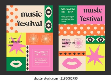 Afiches abstractos para festivales de arte y música. Vectores modernos