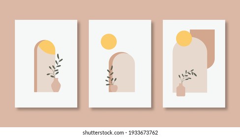 Afiches abstractos conjuntos de arte con ilustraciones vectoriales de estilo boho. Perfecto para tarjetas de felicitación, afiche, pancarta, volante, publicación en medios sociales, feed, historia, flota.
