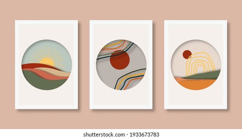 Abstract posters art set with boho style vector illustrations. Perfect for greeting card, poster, banner, flyer, social media post, feed, story, fleet.