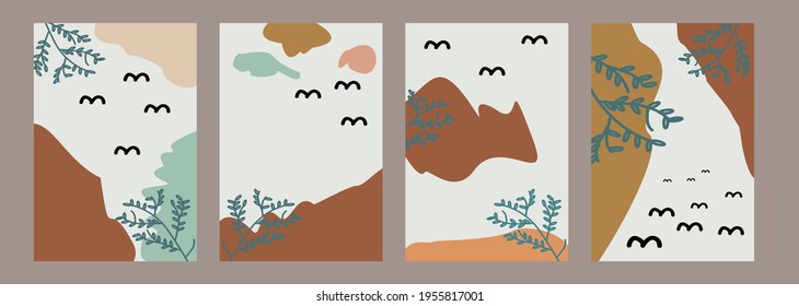 Afiches abstractos conjuntos de arte con ilustraciones vectoriales de estilo boho. Perfecto para tarjetas de felicitación, afiche, pancarta, volante, publicación en medios sociales, feed, historia, flota.