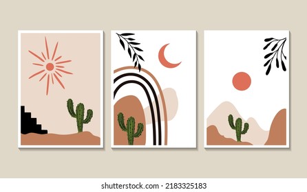 Abstract posters art set wall art. Modern illustration: tropical palm leaf, geo elements for minimalist print, poster, boho wall decor, flat design Vector minimal art