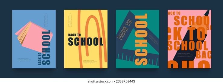 Abstract Posters for Back to School in Pink, Blue, Green Colors. Set Trendy Elements in Retro Style for Covers, Ads, Branding, Banner. 3d Background for College, Education, Study.