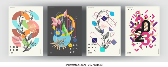 Abstract posters. Botanical banner with geometric shapes, leaves, branch and plants. Set of vector illustrations. Modern painting for interior.
