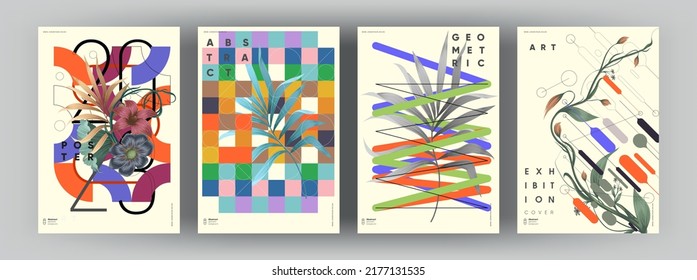 Abstract posters. Botanical banner with geometric shapes, leaves, branch and plants. Set of vector illustrations. Modern painting for interior.