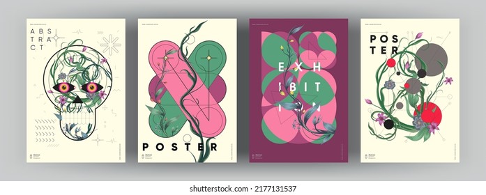 Abstract posters. Botanical banner with geometric shapes, leaves, branch and plants. Set of vector illustrations. Modern painting for interior.