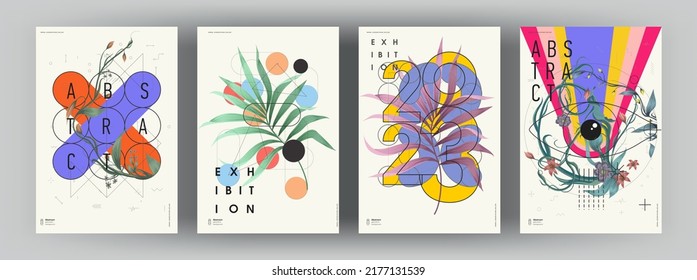 Abstract posters. Botanical banner with geometric shapes, leaves, branch and plants. Set of vector illustrations. Modern painting for interior.