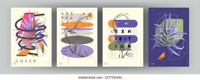 Abstract posters. Botanical banner with geometric shapes, leaves, branch and plants. Set of vector illustrations. Modern painting for interior.