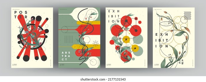 Abstract posters. Botanical banner with geometric shapes, leaves, branch and plants. Set of vector illustrations. Modern painting for interior.