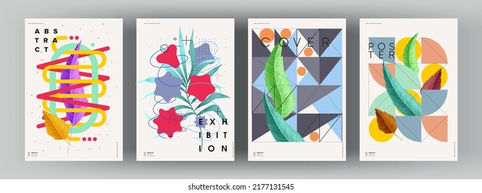 Abstract posters. Botanical banner with geometric shapes, leaves, branch and plants. Set of vector illustrations. Modern painting for interior.