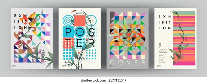 Abstract posters. Botanical banner with geometric shapes, leaves, branch and plants. Set of vector illustrations. Modern painting for interior.