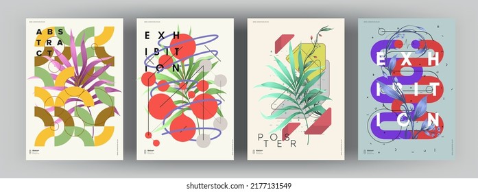 Abstract posters. Botanical banner with geometric shapes, leaves, branch and plants. Set of vector illustrations. Modern painting for interior.
