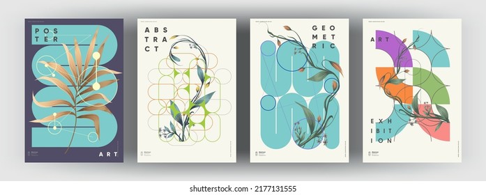 Abstract posters. Botanical banner with geometric shapes, leaves, branch and plants. Set of vector illustrations. Modern painting for interior. - Shutterstock ID 2177131555