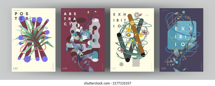 Abstract posters. Botanical banner with geometric shapes, leaves, branch and plants. Set of vector illustrations. Modern painting for interior.