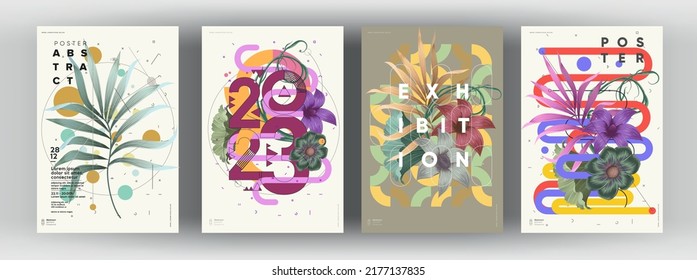 Abstract posters. Botanical banner with geometric shapes, leaves, branch and plants. Set of vector illustrations. Modern painting for interior.