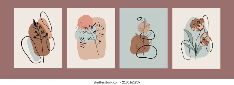 Abstract posters. Botanical banner with abstract shapes, leaves, branches, and plants. Set of vector illustrations. Modern painting for interior.
