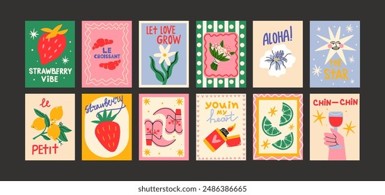 Abstract posters in cartoon style. Wall decor, bright banners of summer, fruits, plants, cocktails in the minimalist style of Matisse. Decor of wallpaper, walls and postcards