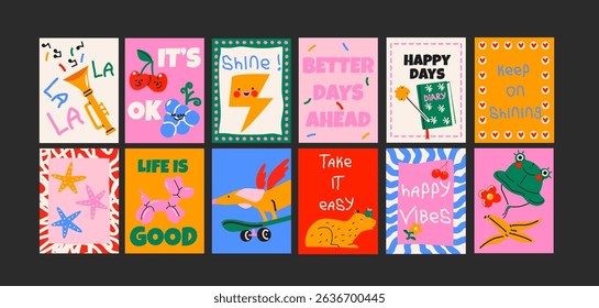  Abstract posters in cartoon style. Wall decor, bright banners of summer, fruits, plants, cocktails in the minimalist style of Matisse. Decor of wallpaper, walls and postcards