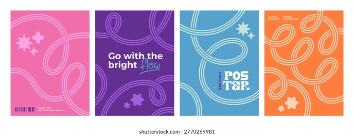 Abstract Posters with Color Doodle Lines. Modern Vector Minimal Backgrounds. Dynamic Wavy Color Lines Art Bg Set. Swirl Striped Confetti Shapes with Stars.