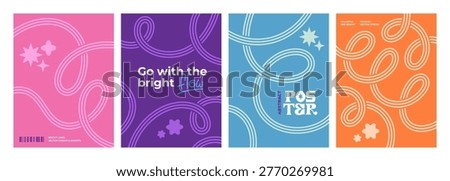 Abstract Posters with Color Doodle Lines. Modern Vector Minimal Backgrounds. Dynamic Wavy Color Lines Art Bg Set. Swirl Striped Confetti Shapes with Stars.