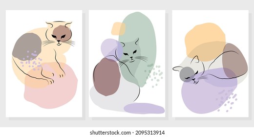 abstract posters with colored spots of delicate colors and a linear pattern of cats. sketch of a cat and a pastel color. poster, template, postcard in minimalism style with a pet. stock vector EPS 10.