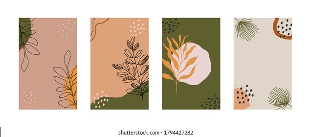Abstract posters. Contemporary background set with hand drawn scribble shapes floral elements scandinavian style. Vector illustration